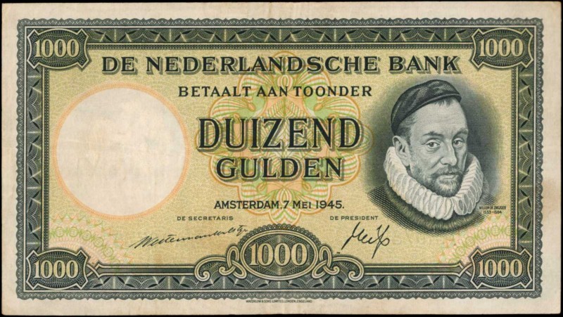 NETHERLANDS. Nederlandsche Bank. 1000 Gulden, 1945. P-80. Very Fine.

Scarce p...