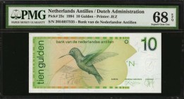 NETHERLANDS ANTILLES. Dutch Administration. 10 Gulden, 1994. P-23c. PMG Superb Gem Uncirculated 68 EPQ.

First in series. Purple-throated carib desi...