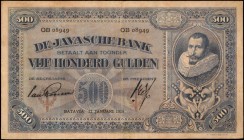 NETHERLANDS INDIES. Javasche Bank. 500 Gulden, 1926. P-76a. Fine.

A more challenging 1926 date and this higher denomination of J. P. Coen series sh...