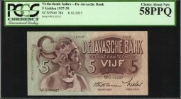 NETHERLANDS INDIES. Javasche Bank. 5 Gulden, 1937. P-78b. PCGS Currency Choice About New 58 PPQ.

Wonderful choice original for this initial denomin...