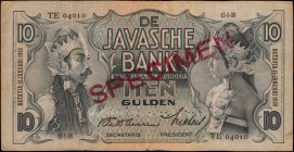 NETHERLANDS INDIES. Javasche Bank. 10 Gulden, 1938. P-79s. Specimen. Fine.

SPECIMEN in red diagonal on face and back, cancelled perforation. This t...