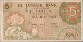 NETHERLANDS INDIES. Javasche Bank. 5 Gulden, 1946. P-88. Uncirculated.

Wonderful original with Lotus and floral in design. Prefix EEC. Choice.

E...