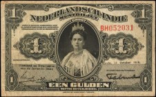 NETHERLANDS INDIES. Nederlandsch-Indie Muntbiljet. 1 Gulden, 1918. P-100a. Fine.

Queen Wilhelmina on front and arms on reverse. Series BH. Moderate...