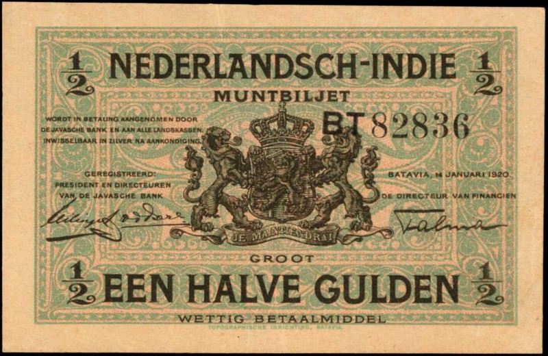 NETHERLANDS INDIES. Nederlandsch-Indie Muntbiljet. 1/2 Gulden, 1920. P-102. Extr...