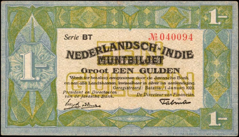 NETHERLANDS INDIES. Nederlandsch-Indie Muntbiljet. 1 Gulden, 1920. P-103. Very F...