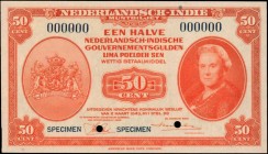NETHERLANDS INDIES. Nederlandsch-Indie Muntbiljet. 50 Cent, 1943. P-110s. Specimen. Uncirculated.

SPECIMEN stamped in black on face and back; punch...