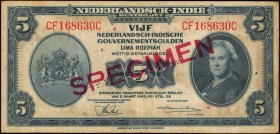 NETHERLANDS INDIES. Nederlandsch-Indie Muntbiljet. 5 Gulden, 1943. P-113. Specimen. Fine.

SPECIMEN stamped diagonal in red on face and back, punch ...