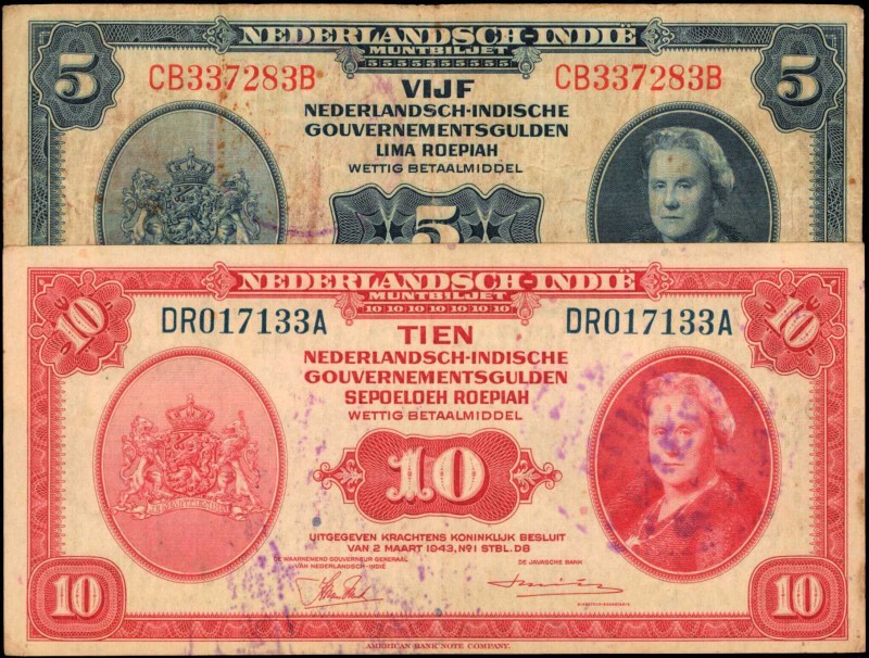 NETHERLANDS INDIES. Nederlandsch-Indie Muntbiljet. 5 & 10 Gulden, 1943. P-113 & ...