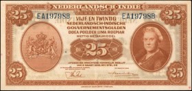 NETHERLANDS INDIES. Nederlandsch-Indie Muntbiljet. 25 Gulden, 1943. P-115. About Uncirculated.

Queen Wilhelmina on face and plane, soldier and wars...