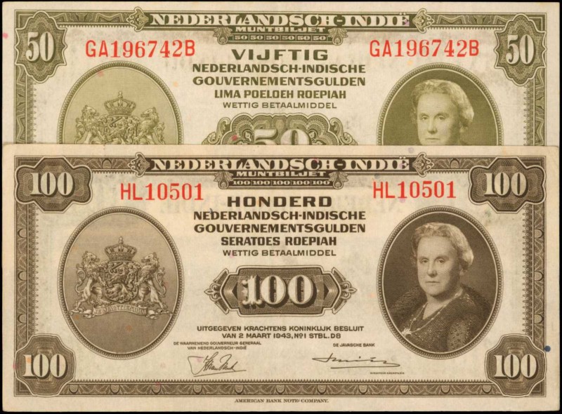 NETHERLANDS INDIES. Nederlandsch-Indie Muntbiljet. 50 & 100 Gulden, 1943. P-116 ...