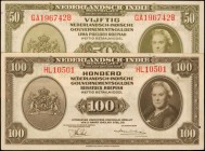 NETHERLANDS INDIES. Nederlandsch-Indie Muntbiljet. 50 & 100 Gulden, 1943. P-116 & 117. Very Fine.

2 pieces in lot. Two higher denomination of the Q...