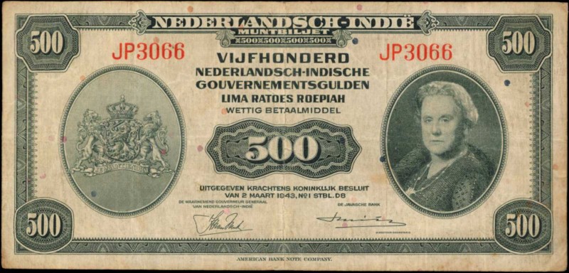 NETHERLANDS INDIES. Nederlandsch-Indie Muntbiljet. 500 Gulden, 1943. P-118. Very...