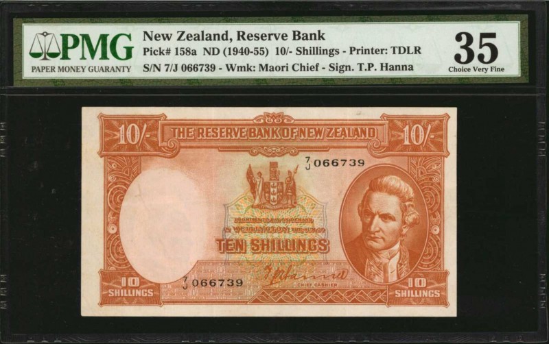 NEW ZEALAND. Reserve Bank. 10 Shillings, ND (1940-55). P-158a. PMG Choice Very F...