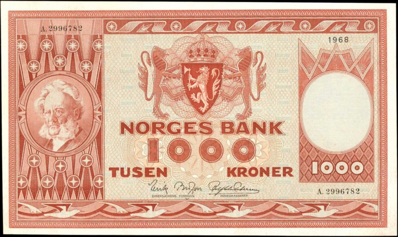 NORWAY. Norges Bank. 1000 Kroner, 1968. P-35d. Extremely Fine.

Henrik Ibsen a...