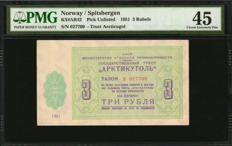 NORWAY. Trust Arcticugol. 3 Rubles, 1951. P-Unlisted. PMG Choice Extremely Fine ...