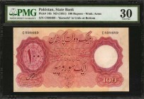 PAKISTAN. State Bank. 100 Rupees, ND (1951). P-14b. PMG Very Fine 30.

Highest denomination of series. Red-brown type with crescent moon-star and Ka...