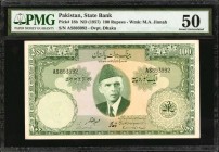 PAKISTAN. State Bank. 100 Rupees, ND (1957). P-18b. PMG About Uncirculated 50.

Scares type, the only denomination of Issue 1957-1966. Mohammed Ali ...