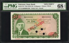 PAKISTAN. State Bank. 10 Rupees, ND (1972-75). P-21s. Specimen. PMG Superb Gem Uncirculated 68 EPQ.

Printed by TDLR. A lofty grade of 68 EPQ is fou...