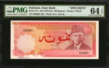 PAKISTAN. State Bank of Pakistan. 100 Rupees, ND (1976-84). P-31s. Specimen. PMG Choice Uncirculated 64 EPQ.

Printed by TDLR. Watermark of M.A. Jin...