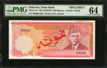 PAKISTAN. State Bank of Pakistan. 100 Rupees, ND (1976-84). P-31s. Specimen. PMG Choice Uncirculated 64.

Watermark of M.A. Jinnah at left. Printed ...