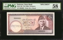 PAKISTAN. State Bank of Pakistan. 50 Rupees, ND (1986). P-40s. Specimen. PMG Choice About Uncirculated 58.

A lightly handled 50 Rupees specimen not...