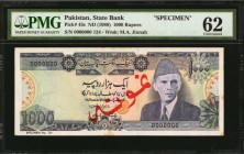 PAKISTAN. State Bank of Pakistan. 1000 Rupees, ND (1988). P-43s. Specimen. PMG Uncirculated 62.

Red specimen overprint, seen in Arabic on the face ...