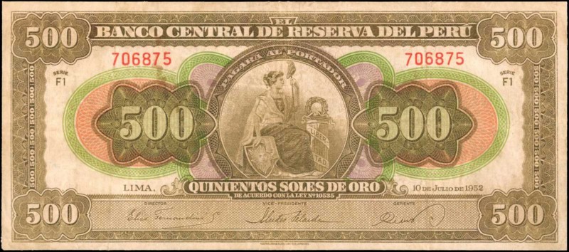 PERU. Banco Central de Reserva del Peru. 500 Oro, 1952. P-74. Very Fine.

A sc...