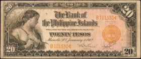 PHILIPPINES. Bank of The Philippine Islands. 20 Pesos, 1912. P-9b. Very Fine.

A scarce 1912 date, seen with allegorical woman at left. Honey gold o...