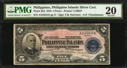 PHILIPPINES. Philippine Islands Silver Certificate. 5 Pesos, 1910. P-35d. PMG Very Fine 20.

Printed by USBEP. Signatures of F.B. Harrison and A.P. ...