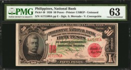 PHILIPPINES. National Bank. 50 Pesos, 1920. P-49. PMG Choice Uncirculated 63.

Printed by USBEP. Unissued. Dark red overprints and a red back design...