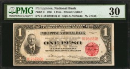 PHILIPPINES. National Bank. 1 Peso, 1921. P-51. PMG Very Fine 30.

First denomination in series 1921. Conant and red seal at face. Plate number D. S...