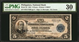 PHILIPPINES. National Bank. 5 Pesos, 1921. P-53. PMG Very Fine 30.

President William Mckinley at left, seal in blue at right and with red-brown on ...