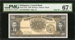 PHILIPPINES. Central Bank. 20 Pesos, 1949. P-137d. Solid Serial Number. PMG Superb Gem Uncirculated 67 EPQ.

A solid serial number of "DK222222" is ...