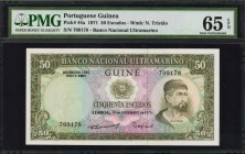 PORTUGUESE GUINEA. Banco Nacional Ultramarino. 50 Escudos, 1971. P-44a. PMG Gem Uncirculated 65 EPQ.

Second highest denomination with Tristao/woman...