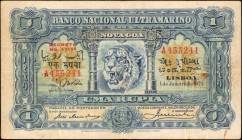 PORTUGUESE INDIA. Banco Nacional Ultramarino. 1 Rupia, 1924. P-23A. Very Fine.

Snarling tiger at center flanked by pillars. Temple seen on reverse....