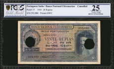 PORTUGUESE INDIA. Banco Nacional Ultramarino. 20 Rupias, 1945. P-37. PCGS GSG Very Fine 25. Cancelled.

Cancelled. Printed by BWC. A scarcer pick nu...