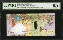 QATAR. Central Bank. 100 Riyals, ND (2007). P-26a. PMG Gem Uncirculated 65 EPQ.

Second highest denomination of series. The type with foil threat of...