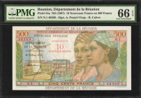 REUNION. Department de la Reunion. 10 Nouveaux Francs on 500 Francs, ND (1967). P-54a. PMG Gem Uncirculated 66 EPQ.

This striking note shows in an ...