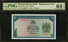 RHODESIA. Reserve Bank. 1 Dollar, 1976. P-34b*. Replacement. PMG Choice Uncirculated 64 EPQ.

The arms/tobacco field design on this REPLACEMENT type...