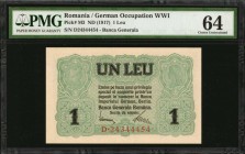 ROMANIA. Banca Generala. 1 Leu, ND (1917). P-M3. German Occupation WWI. PMG Choice Uncirculated 64.

A nearly Gem example of this Occupation of Roma...