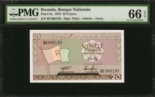 RWANDA. Banque Nationale. 20 Francs, 1976. P-6e. PMG Gem Uncirculated 66 EPQ.

First issued denomination of series. Flag of Rwanda/four young boys i...