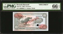 RWANDA-BURUNDI. Banque D'Emission Du Rwanda Et Du Burundi. 10 Francs, 1960. P-2s. Specimen. PMG Gem Uncirculated 66 EPQ.

A large hippopotamus is se...