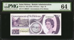 SAINT HELENA. British Administration. 50 Pence, ND (1979). P-5a. PMG Choice Uncirculated 64.

First type of the 1979 issues with Queen Elizabeth II....