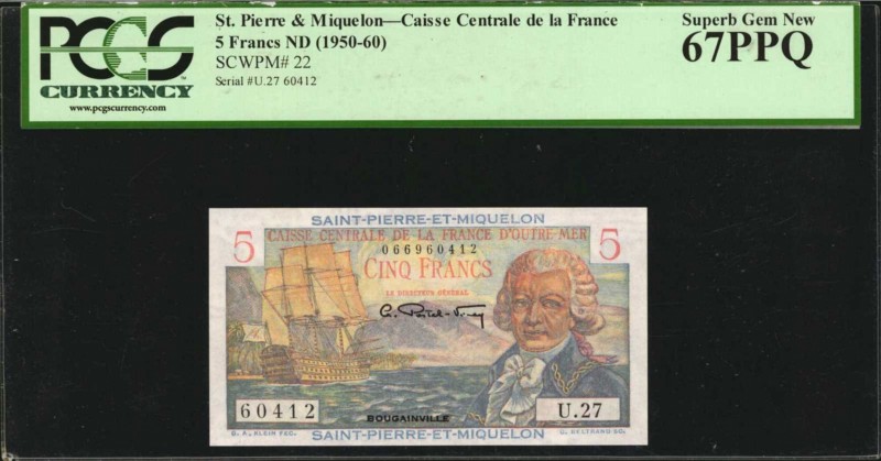 SAINT PIERRE & MIQUELON. Caisse Centrale de la France. 5 Francs, ND (1950-60). P...