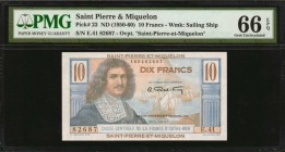 SAINT PIERRE & MIQUELON. Caisse Centrale de la France D'Outre-Mer. 10 Francs, ND (1950-60). P-23. PMG Gem Uncirculated 66 EPQ.

A colorful design st...