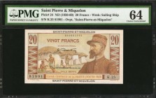 SAINT PIERRE & MIQUELON. Caisse Centrale de la France d'Outre-Mer. 20 Francs, ND (1950-60). P-24. PMG Choice Uncirculated 64.

The Emile Gentil type...