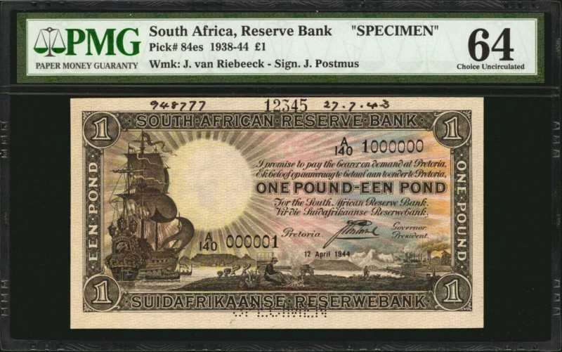 SOUTH AFRICA. Reserve Bank. 1 Pound, 1938-44. P-84es. Specimen. PMG Choice Uncir...