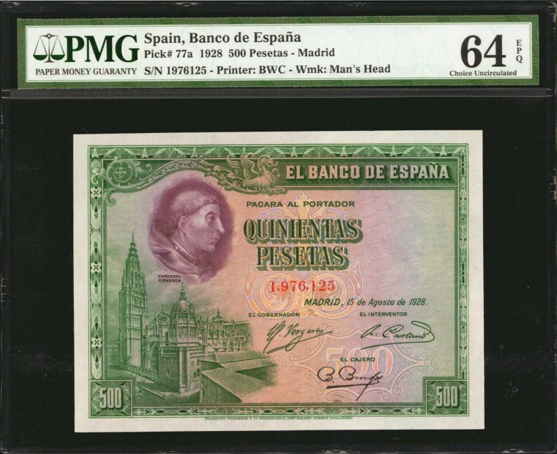 SPAIN. Banco De Espana. 500 Pesetas, 1928. P-77a. PMG Choice Uncirculated 64 EPQ...