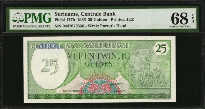 SURINAME. Centrale Bank. 25 Gulden, 1985. P-127b. PMG Superb Gem Uncirculated 68...