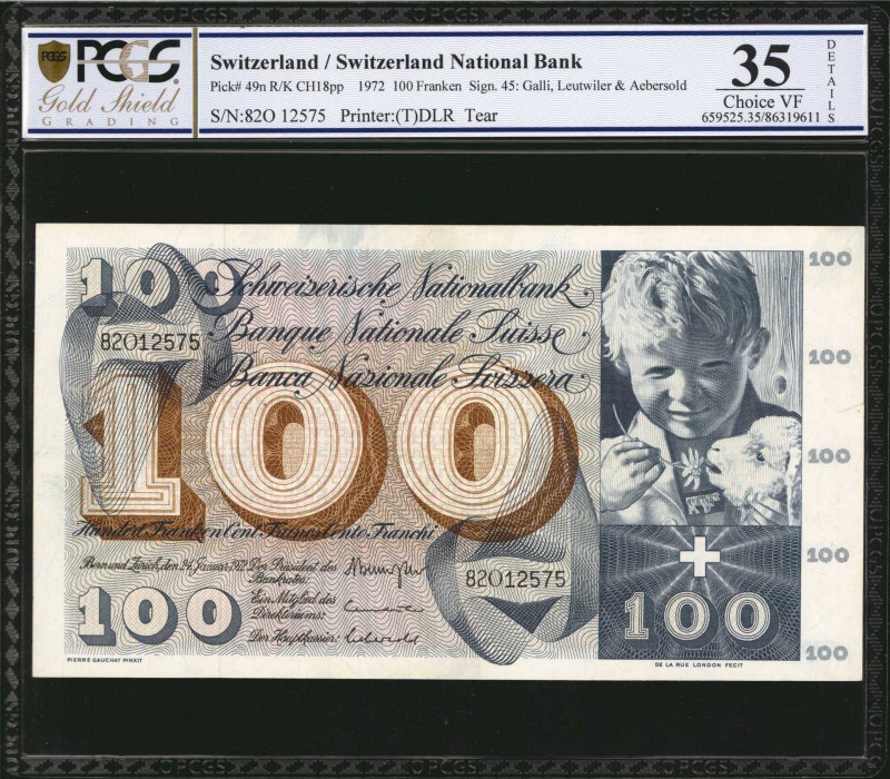 SWITZERLAND. Switzerland National Bank. 100 Franken, 1972. P-49n. PCGS GSG Choic...